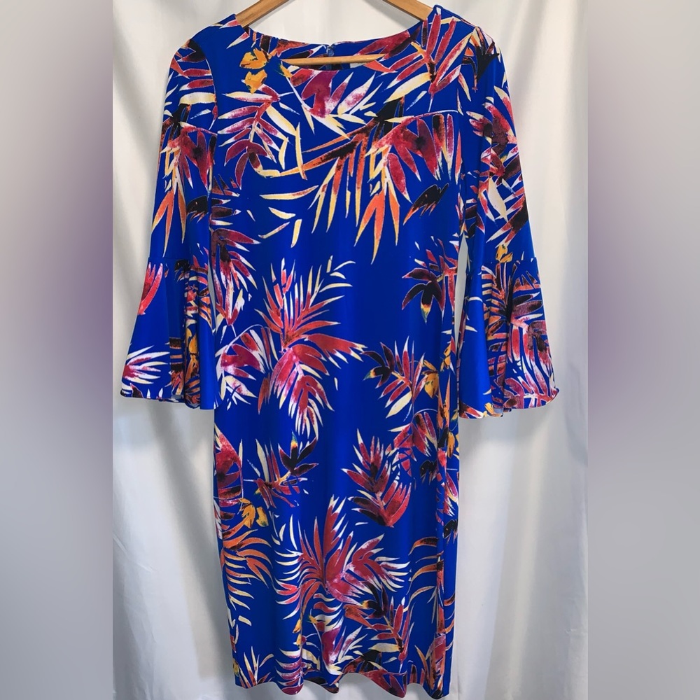 Calvin Klein Bright Blue Multicolored Tropical Palms Sheath Dress Bell Sleeve